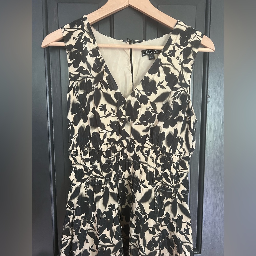 J. Crew Cream and Black Sleeveless V-Neck Floral Dress